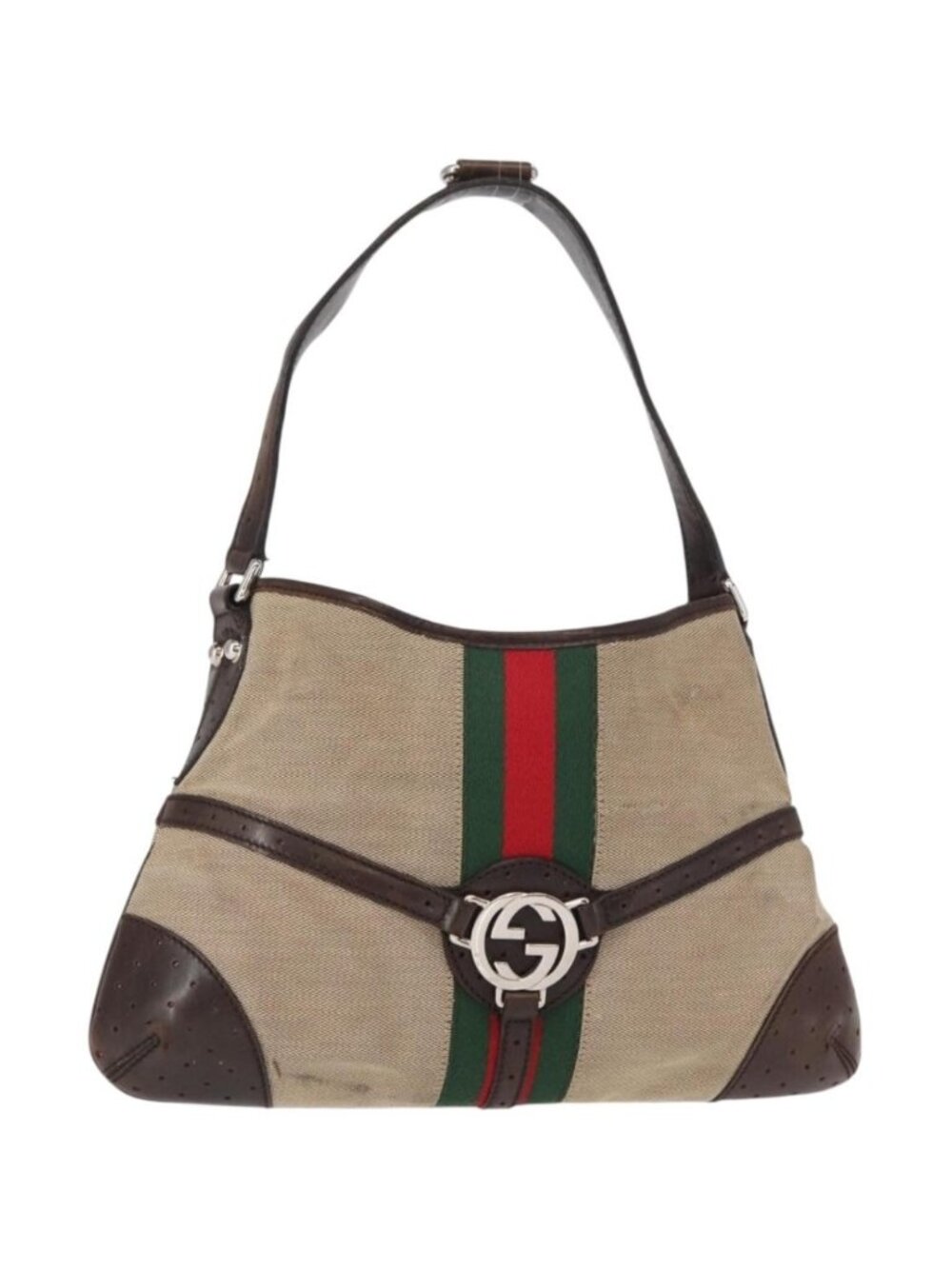 GUCCI Web Sherry Line Shoulder Bag Beige Silver Red 114877